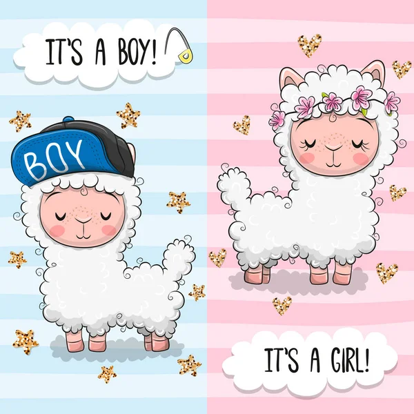 Biglietto Auguri Baby Shower Con Carino Ragazzo Ragazza Alpaca — Vettoriale Stock