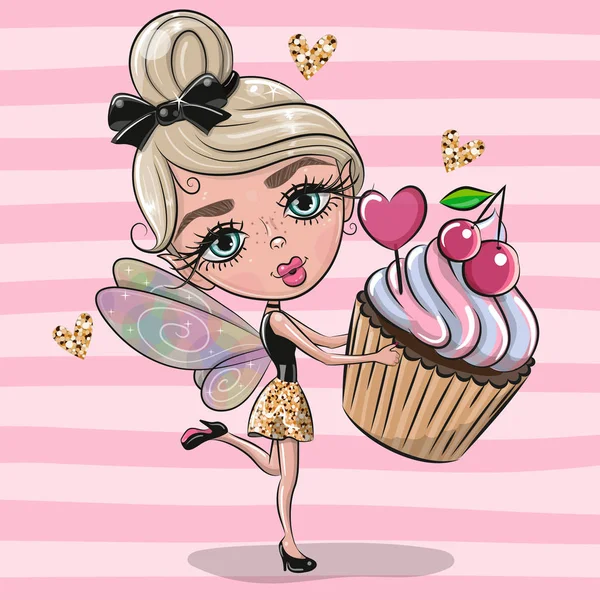 Linda Chica Dibujos Animados Con Cupcake Sobre Fondo Rosa — Archivo Imágenes Vectoriales