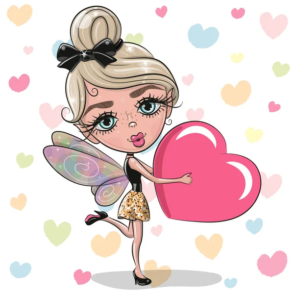 Cute Cartoon Fairy Girl Heart Hearts Background — Stock Vector