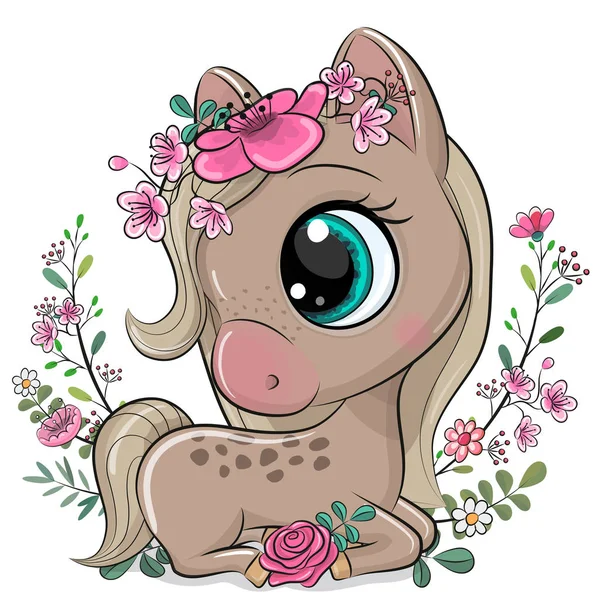 Cartoon paard met bloemen op een witte achtergrond — Stockvector