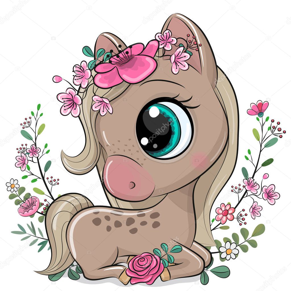 Cartoon Horse with flowers on a white background