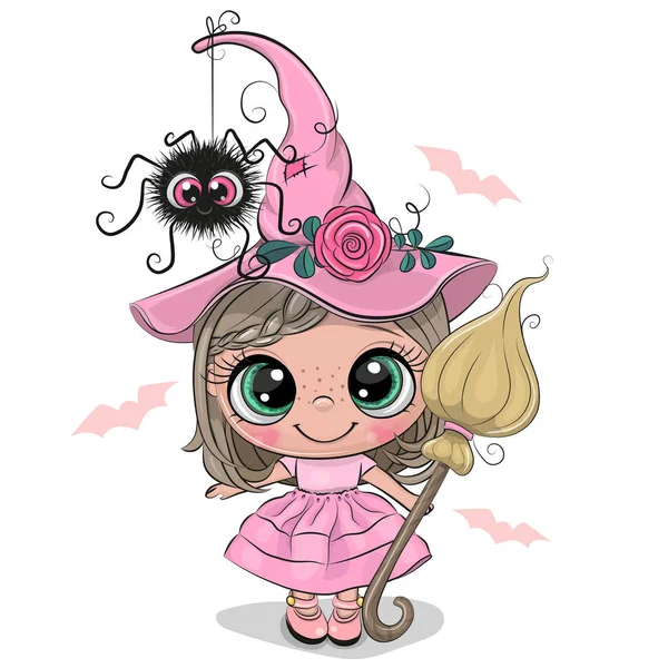 Cartoon-Hexe in rosa Kleid und Hut — Stockvektor