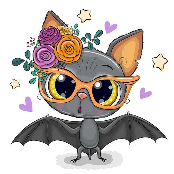 Pipistrello cartone animato con fiori isolato su uno sfondo bianco — Vettoriale Stock