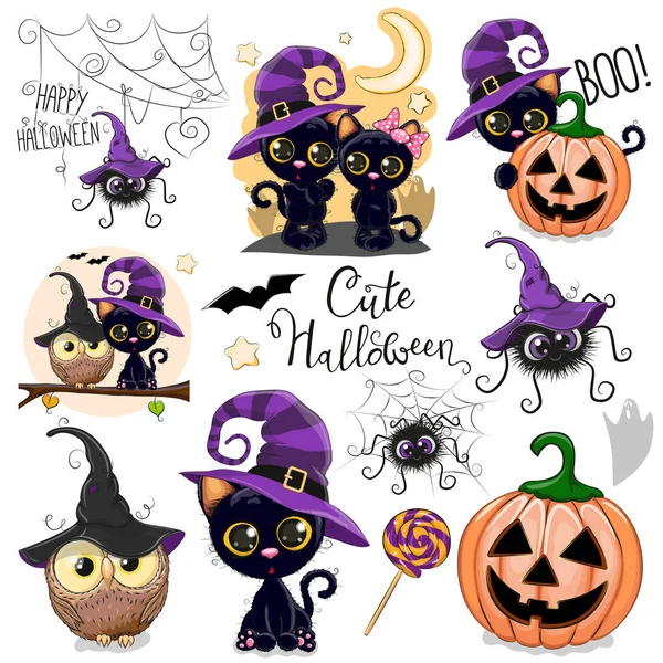 Schattige Halloween illustraties met uil, zwarte kat en spin — Stockvector