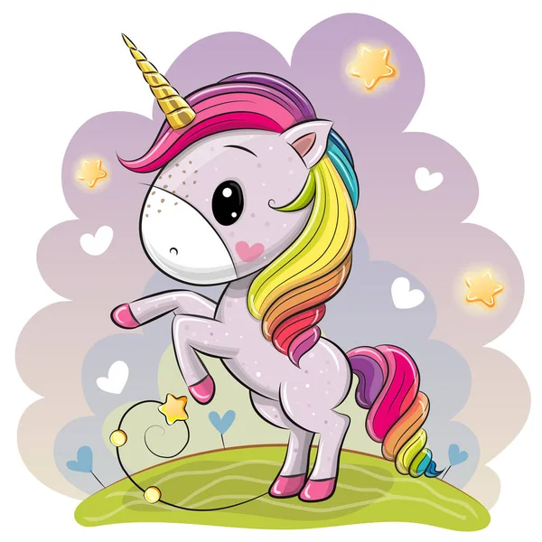 Cartoon Unicorn with a lush rainbow mane on a meadow — Stock Vector