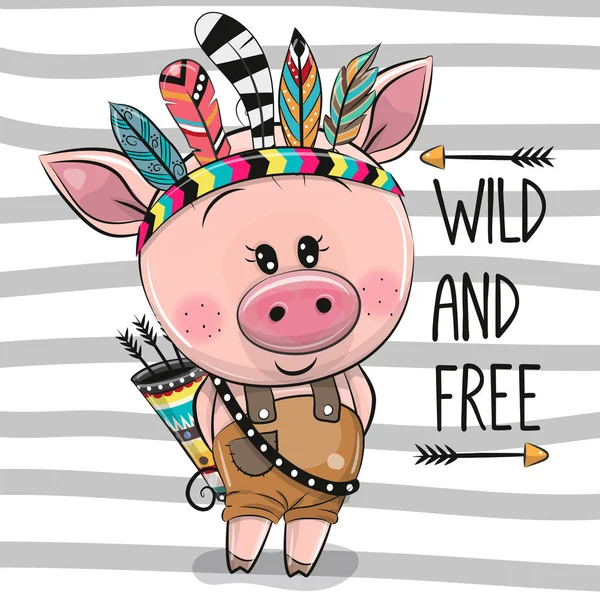 Cartoon Pig with feathers on a stripes background — Stock Vector