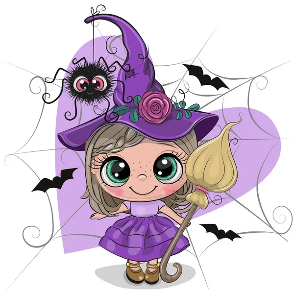 Bruja de dibujos animados en vestido púrpura y sombrero — Vector de stock