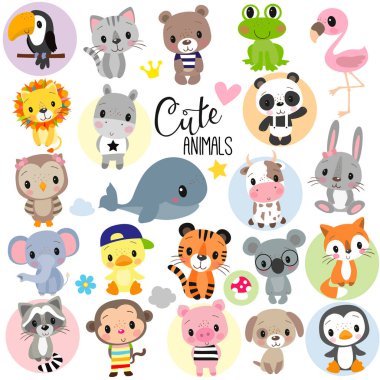 Cute Cartoon Animals on a white background clipart