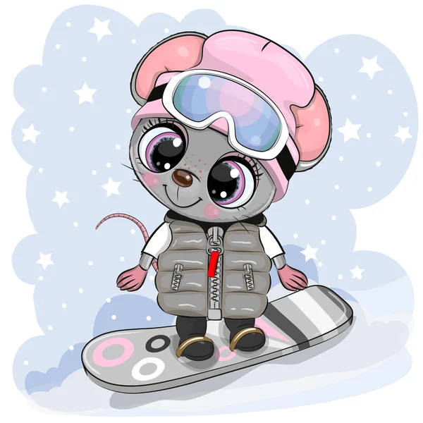 Cartoon Mouse Girl on a snowboard on a blue background — Stock Vector