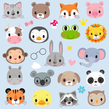 Faces Cute Cartoon Animals on a white background clipart