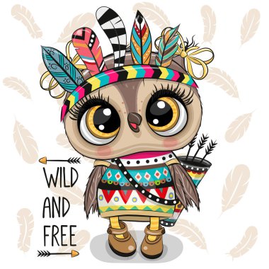 Cartoon tribal Owl with feathers on a white background