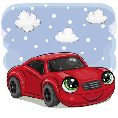 Red car with eyes on on a sky background