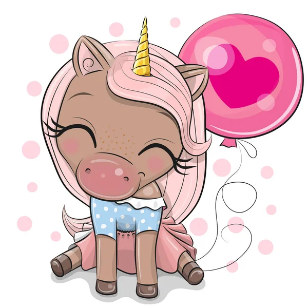 可爱的卡通独角兽，粉色气球 — 图库矢量图片