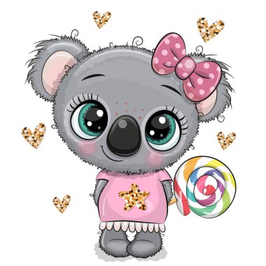 Çizgi film bebeği Koala Lolipop 'lu bir elbise içinde.