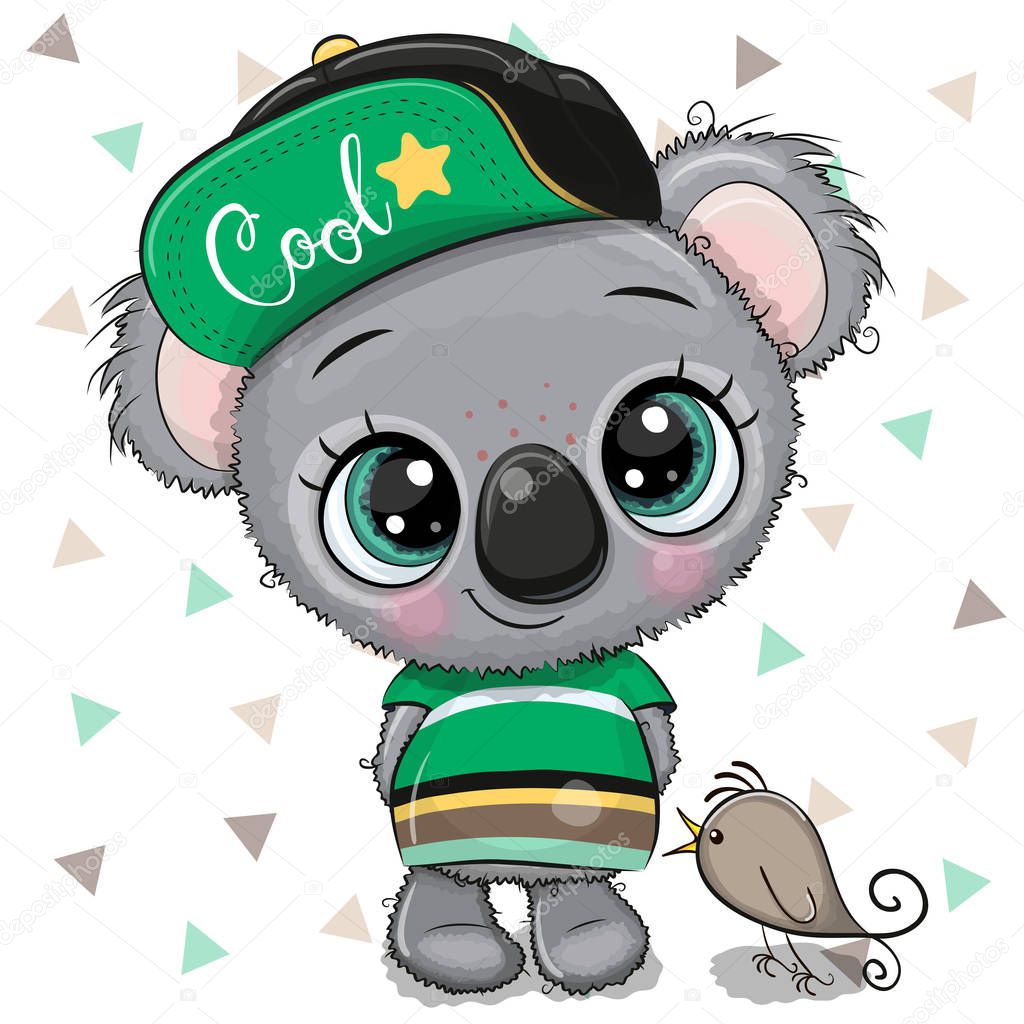 Cartoon baby Koala in a cap with bird on a white background