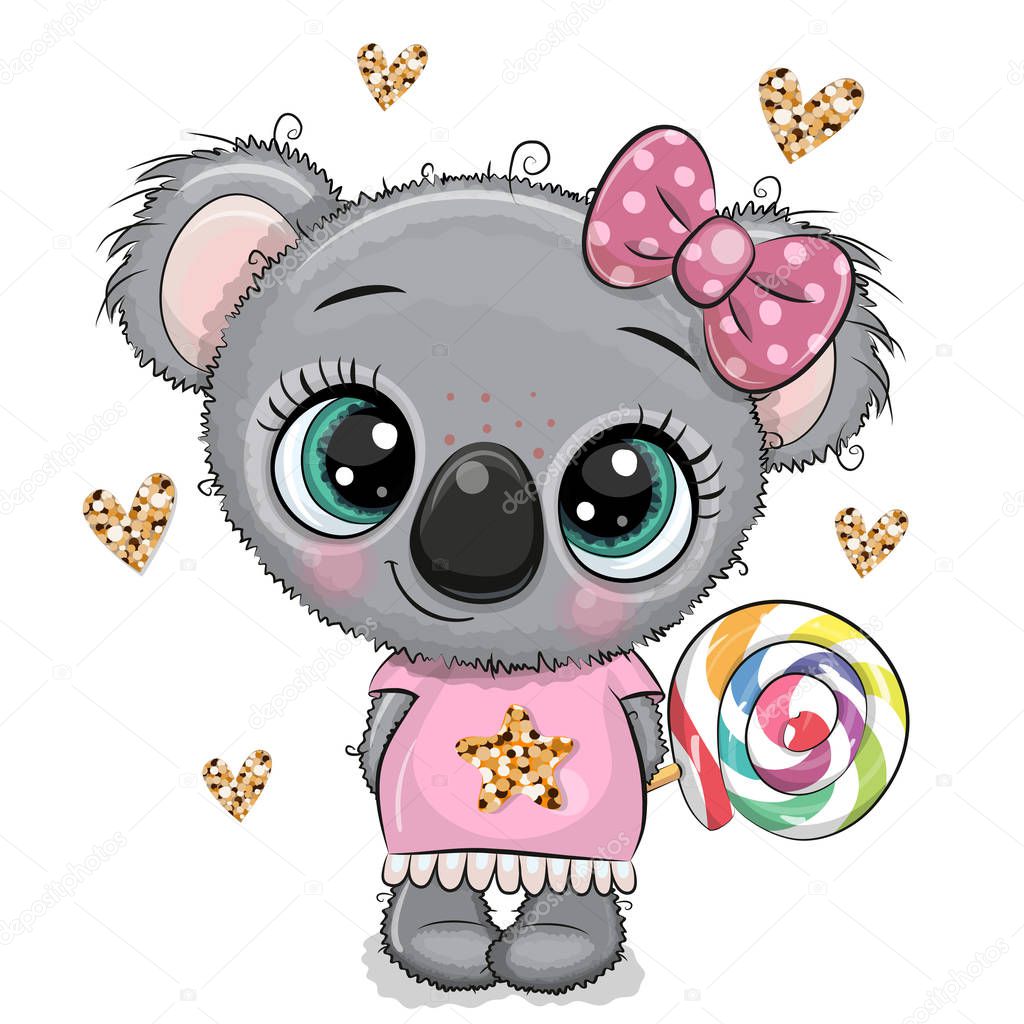 Cartoon baby Koala in a dress with Lollipop