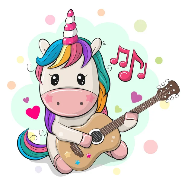 Cartoon Unicorn com cabelos coloridos está tocando guitarra — Vetor de Stock