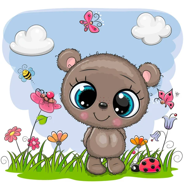 Cartoon Teddy Urso em um prado com flores e borboletas — Vetor de Stock