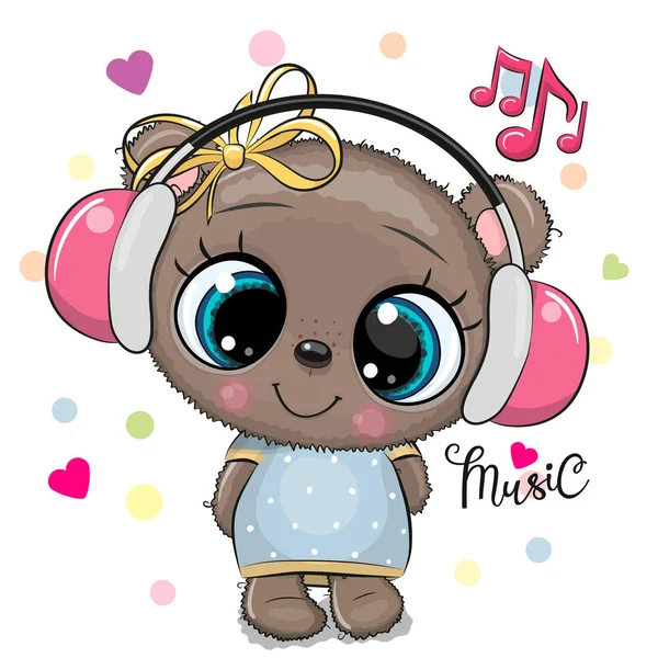 Cartoon Teddy Bear menina com fones de ouvido rosa em um backgrou branco —  Vetores de Stock