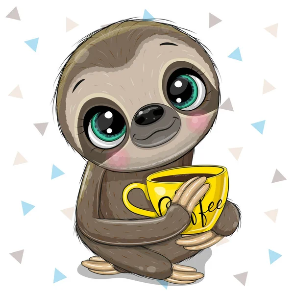 Cartoon Sloth met een gele kop koffie — Stockvector