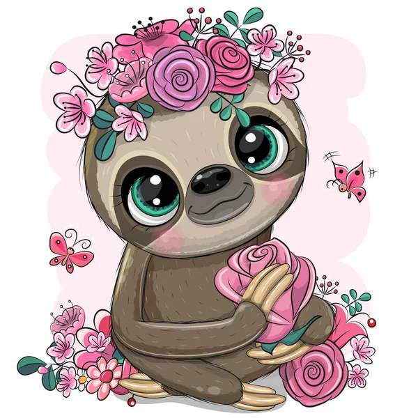 Dessin animé Sloth avec des fleurs sur un fond blanc — Image vectorielle