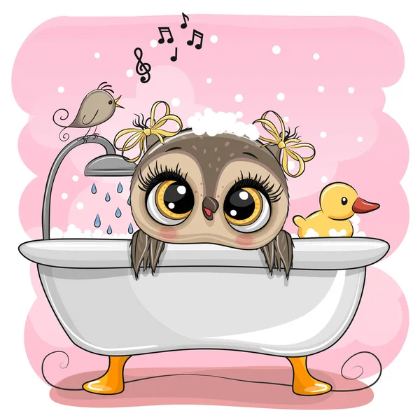 Cartoon Owl dans la salle de bain avec un oiseau — Image vectorielle