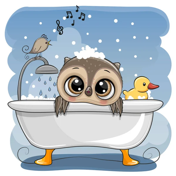 Búho de dibujos animados en el baño con un pájaro — Vector de stock
