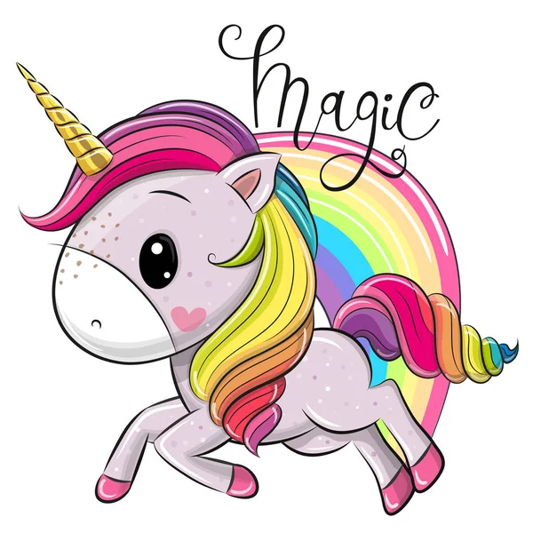 Unicornio de dibujos animados y un arco iris aislados sobre un fondo blanco — Vector de stock