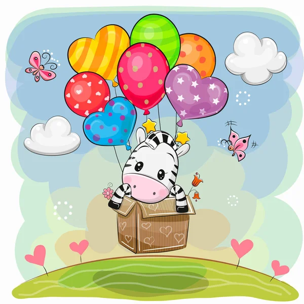Γελοιογραφία Zebra στο κουτί πετά σε μπαλόνια — Διανυσματικό Αρχείο