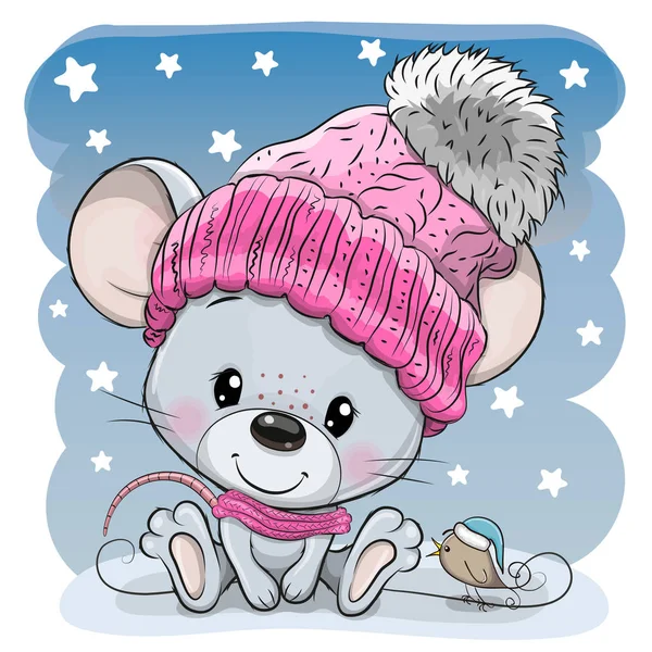 头戴针织帽子的卡通老鼠和小鸟 — 图库矢量图片