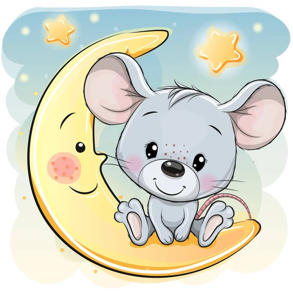 Ratón de dibujos animados está sentado en la luna — Vector de stock