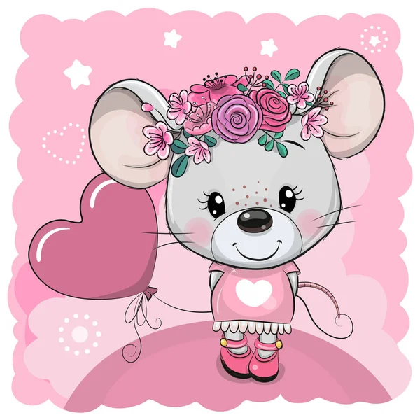 Tecknad mus med blommor och ballong på en rosa bakgrund — Stock vektor
