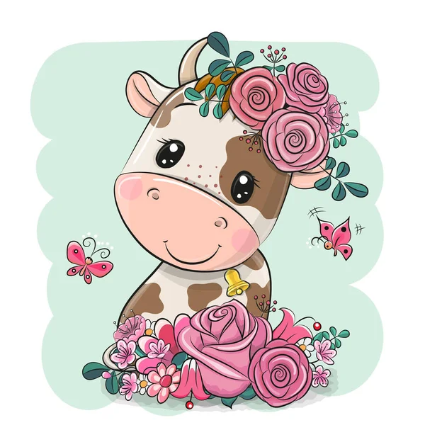 Cute Cartoon Cow Flowers Green Background — Stock Vector