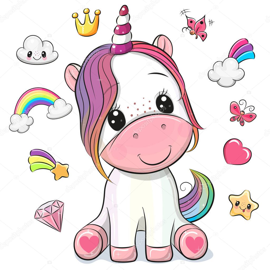 Cute Cartoon Unicorn and set of cute design elements