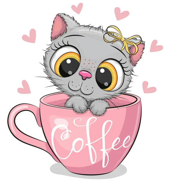 Aranyos Cartoon Cica Egy Egy Csésze Kávét — Stock Vector