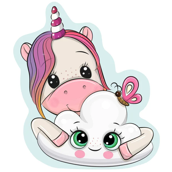 Cute Cartoon Unicorn Cloud White Background - Stok Vektor