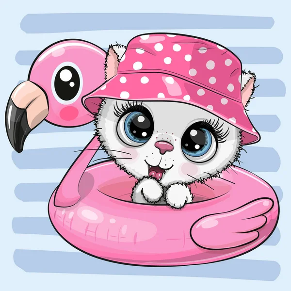 Cute Kartun Kitty Topi Panama Berenang Kolam Ring Flamingo - Stok Vektor
