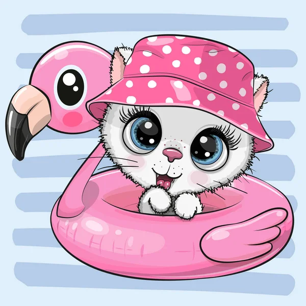 Bonito Desenho Animado Kitty Chapéu Panamá Nadando Anel Piscina Flamingo — Vetor de Stock