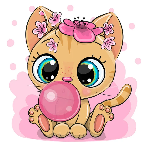 Cute Cartoon Kitten Gumy Żucia Różowym Tle — Wektor stockowy