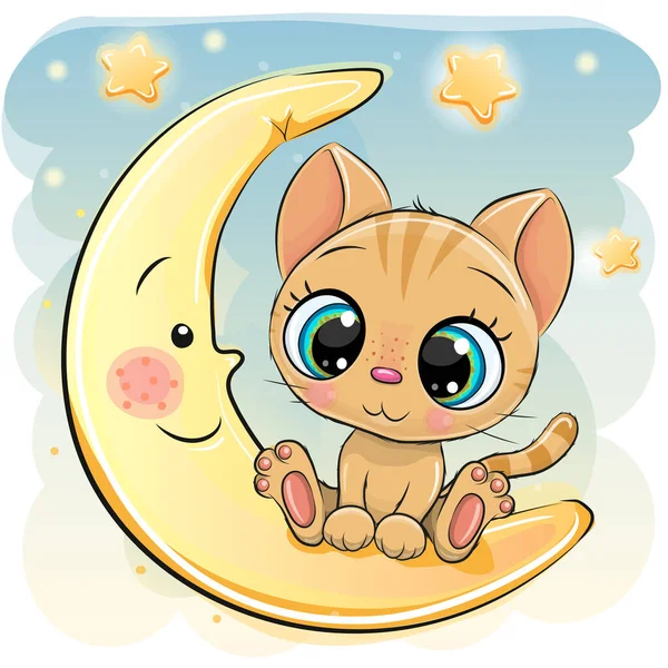 Cute Cartoon Kitten Siedzi Księżycu — Wektor stockowy
