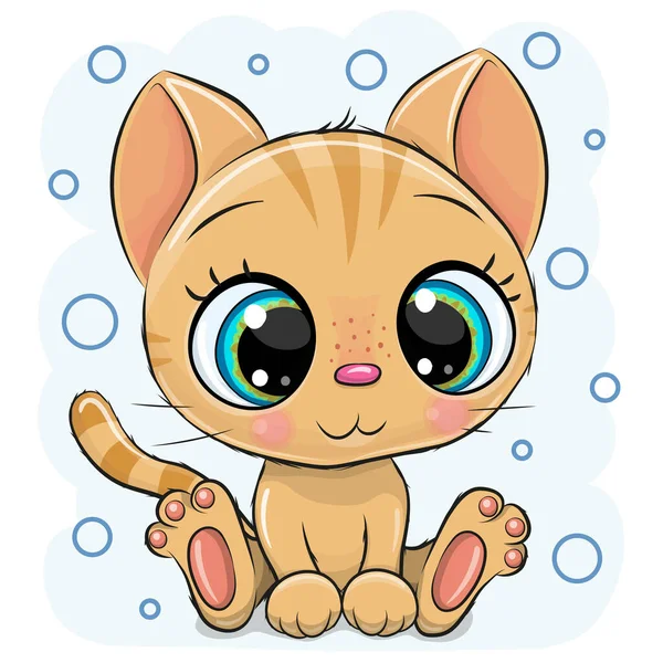 Drawing Cute Cartoon Kitten Синьому Фоні — стоковий вектор