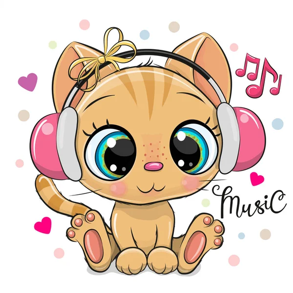 Cute Kartun Kitten Gadis Dengan Headphone Merah Muda Pada Latar - Stok Vektor