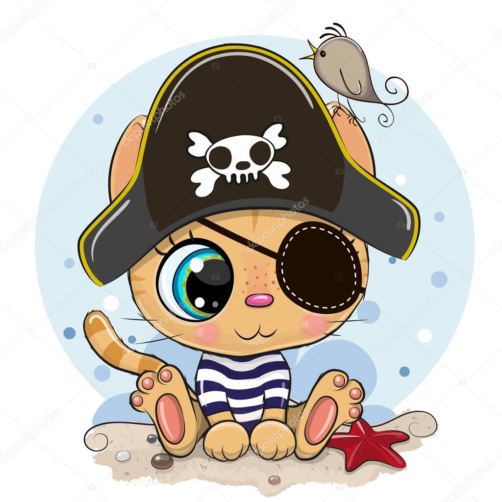 Cute cartoon Orange Kitten in a pirate hat