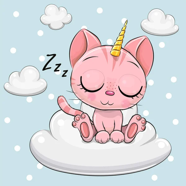 Lindo Gatito Dibujos Animados Unicornio Está Durmiendo Nube — Vector de stock