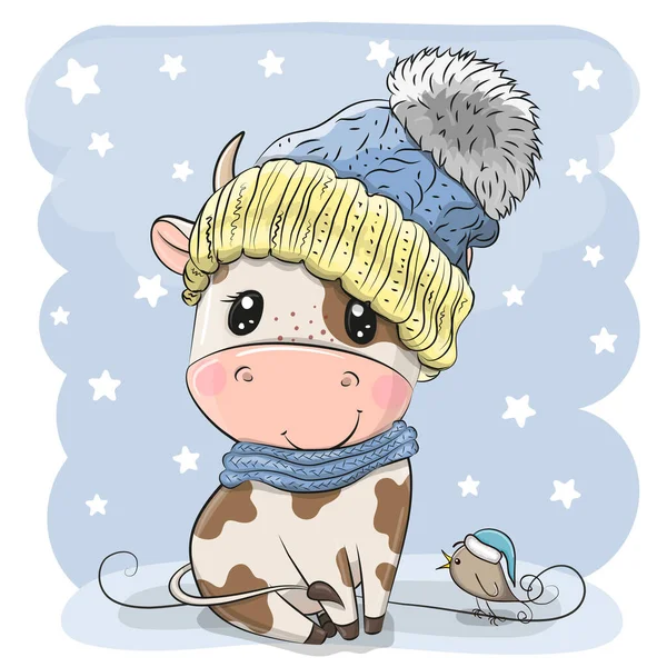 Cute Cartoon Bull Czapce Dzianiny Ptak — Wektor stockowy