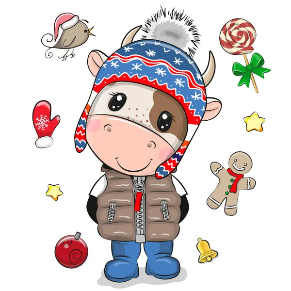 Mignon Dessin Animé Bull Boy Dans Chapeau Tricoté — Image vectorielle