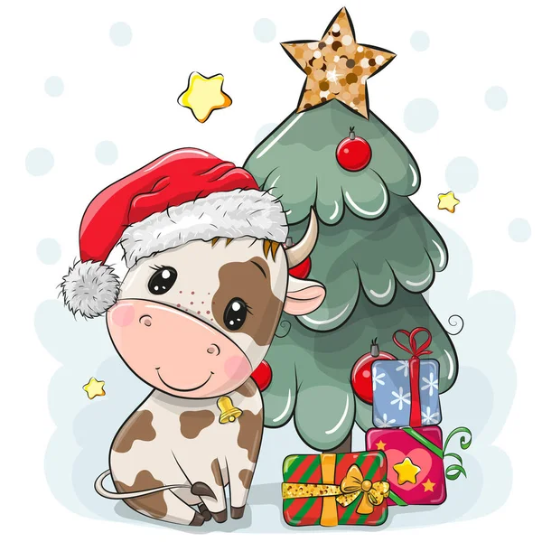 Leuke Cartoon Bull Buurt Van Kerstboom — Stockvector