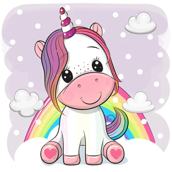 Mignon Dessin Animé Licorne Est Assis Sur Nuages — Image vectorielle