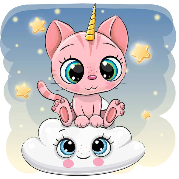 Cute Cartoon Kitty Unicorn Berada Atas Awan - Stok Vektor