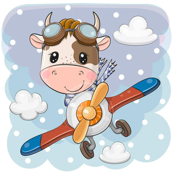 Cute Cartoon Bull Flying Plane — Stock Vector